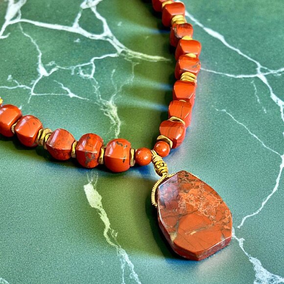 Artisan Jewelry - Red Jasper Statement Necklace with Faceted Pendant – Natural Stone Jewelry